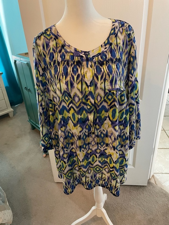 NYDJ Tops - NYDJ Vibrant Ikat-Print Blouse in Blue, Yellow & Green